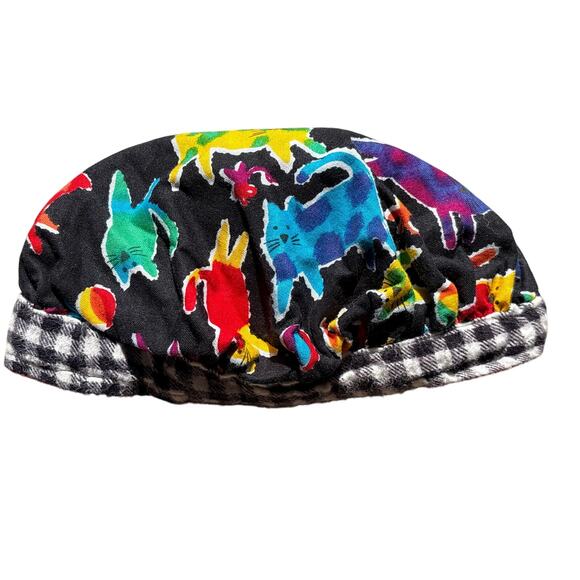 Vtg retro kids Beret cat kitten pattern medium Kidcore cap made in USA cotton - Picture 1 of 3
